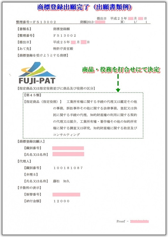 商標登録出願書類（出願書類例）,商品・役務を打合せにて決定